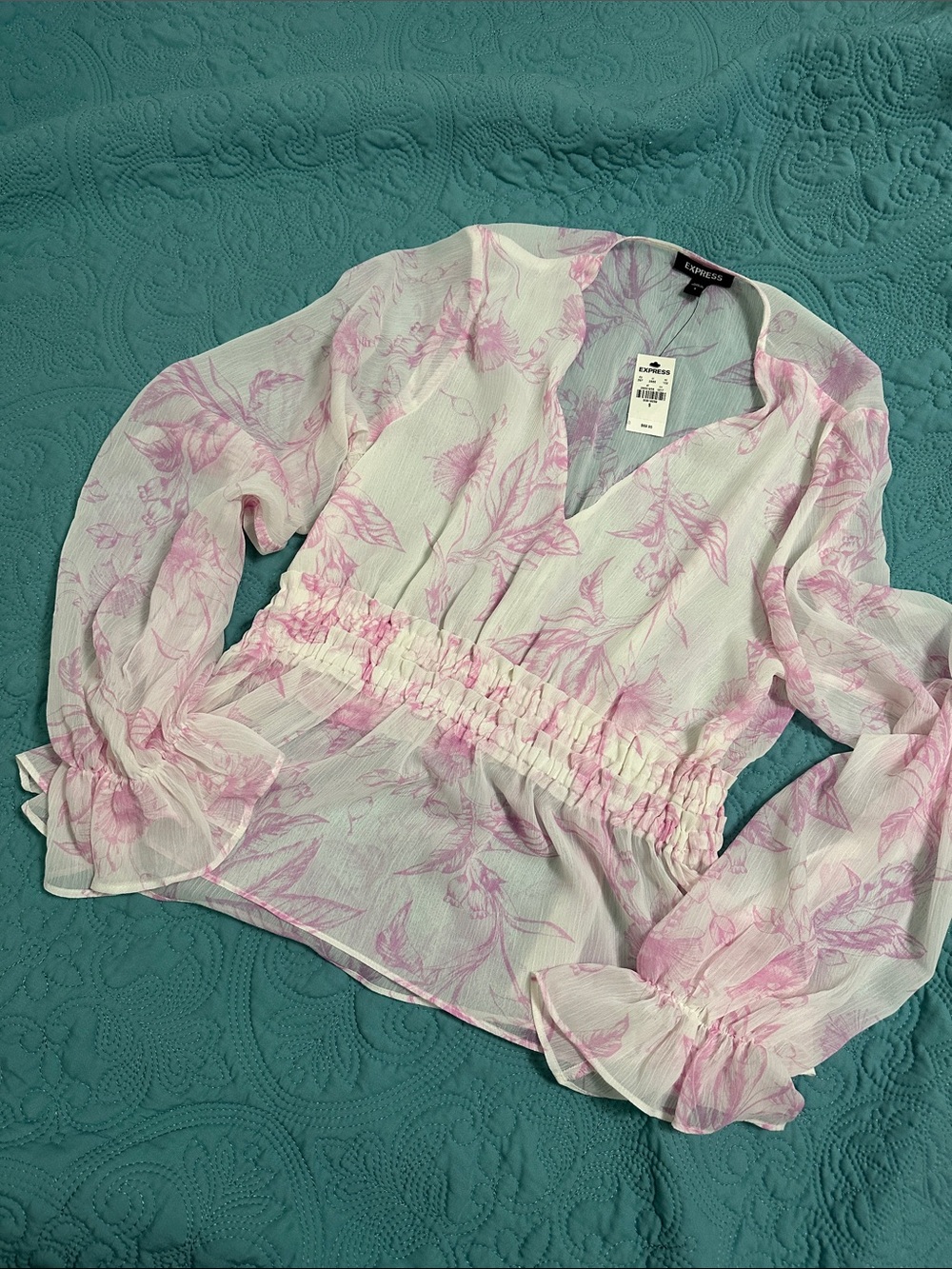 Express Pink Floral Smocked-Waist Sheer Blouse